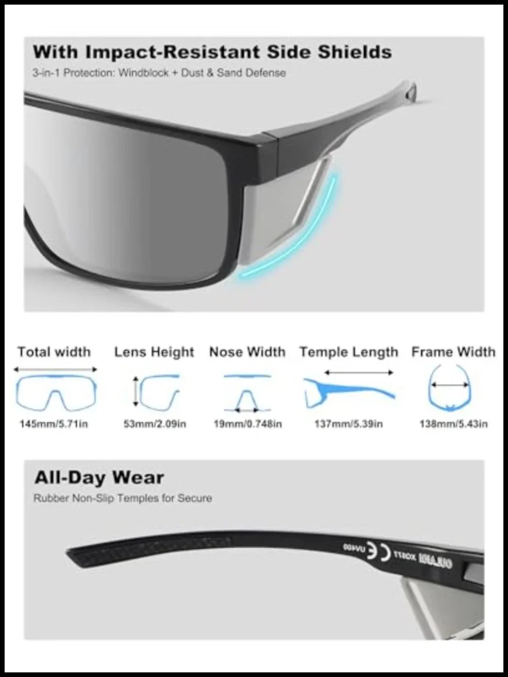Polarized Sunglasses with Removable Side Shields UV400 Protection TR90 Sport